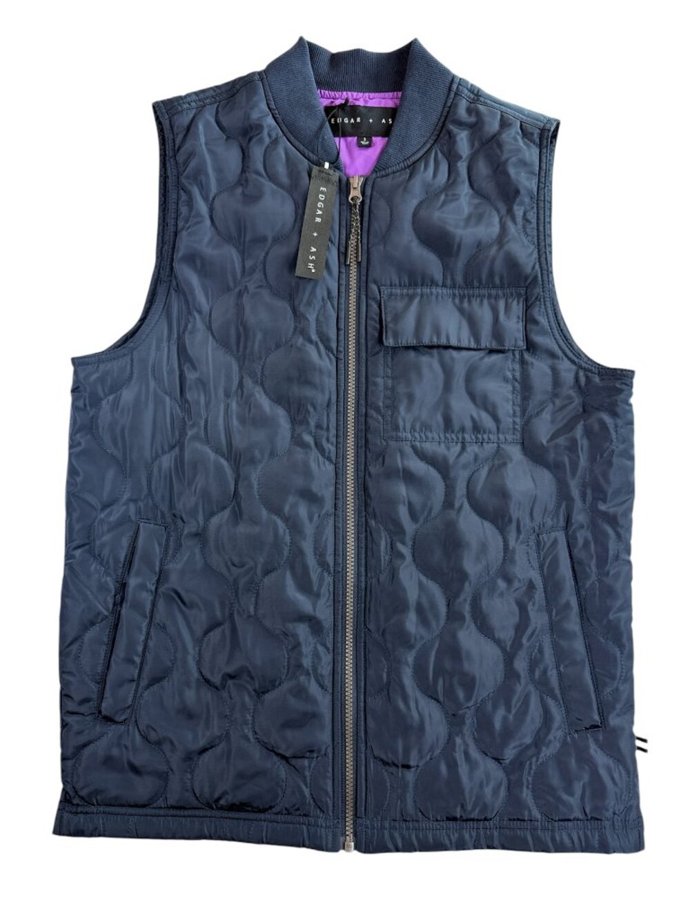 Edgar +‎ Ash Women's Navy Blue Quilted Bomber Vest Full Zip Purple Lining S